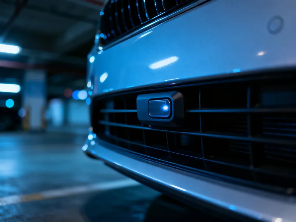 Nowoczesny czujnik parkowania wbudowany w zderzak samochodu na tle oświetlonego parkingu nocą.