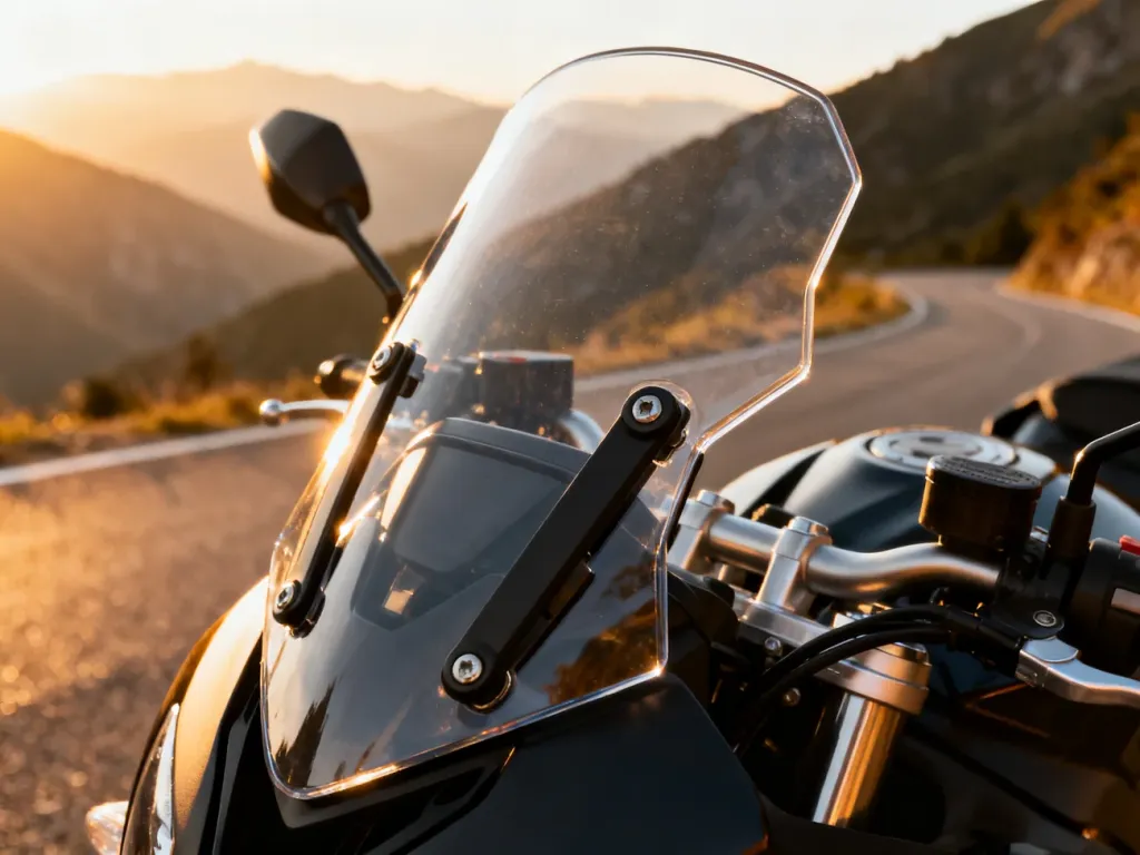 Kokpit nowoczesnego motocykla z regulowaną szybą na tle malowniczej górskiej drogi w świetle zachodzącego słońca.
