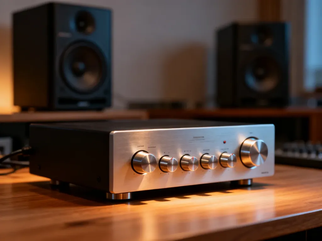 Nowoczesny wzmacniacz stereo Aiyima A80 na drewnianym biurku w otoczeniu zestawu głośników audio.