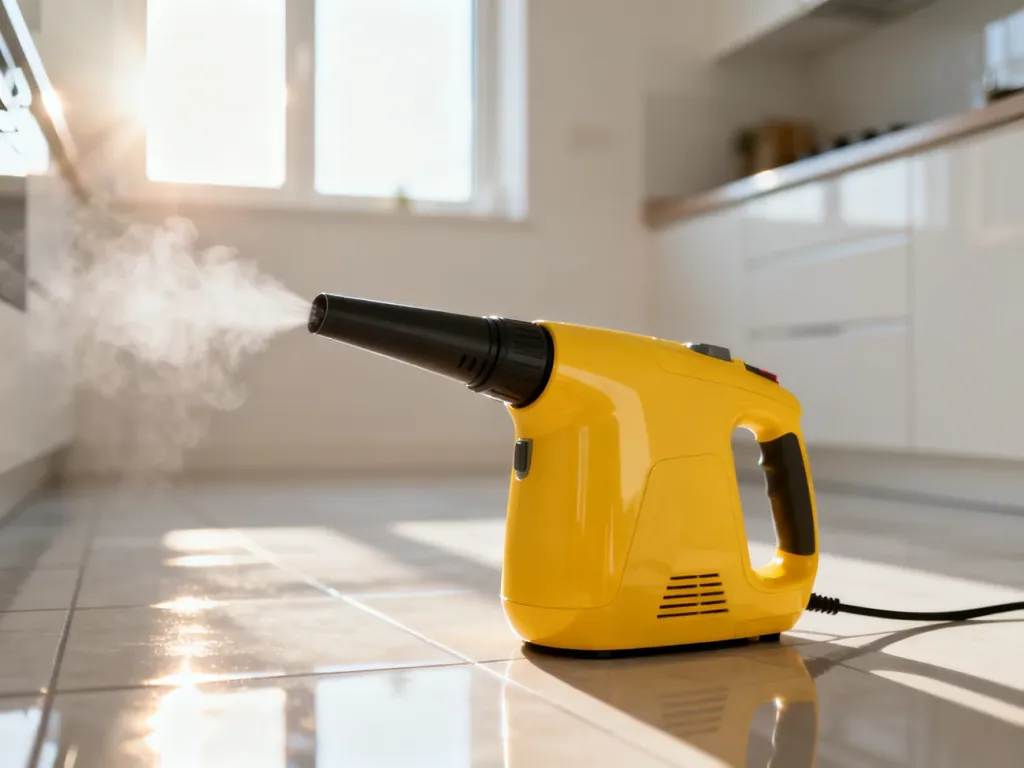 Żółta myjka parowa Karcher ustawiona na blacie w nowoczesnej, jasnej kuchni.