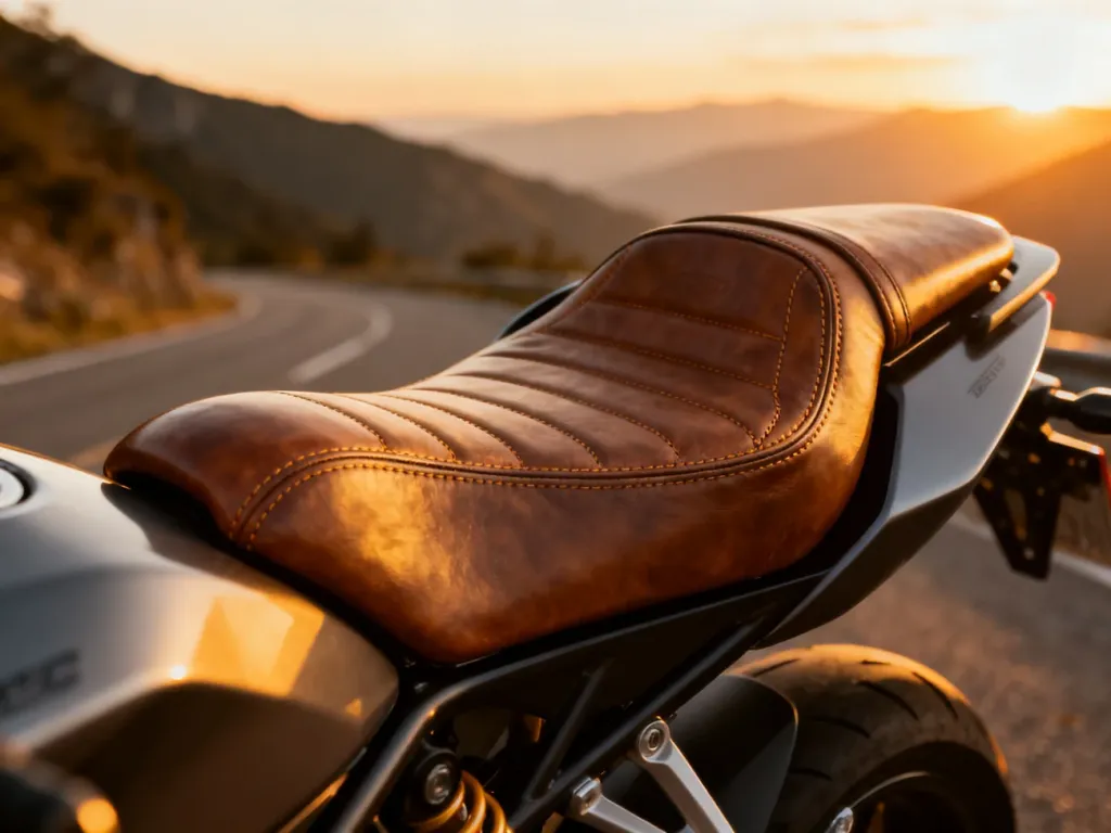 Zbliżenie na wysokiej jakości, ergonomiczne siodełko motocyklowe z przeszyciami na tle malowniczej górskiej trasy.