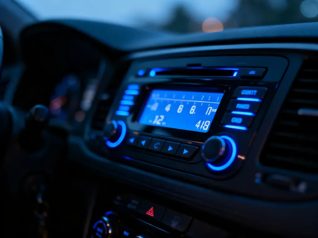 Podświetlony panel radia samochodowego Kenwood z cyfrowym wyświetlaczem częstotliwości w wieczornym wnętrzu auta.