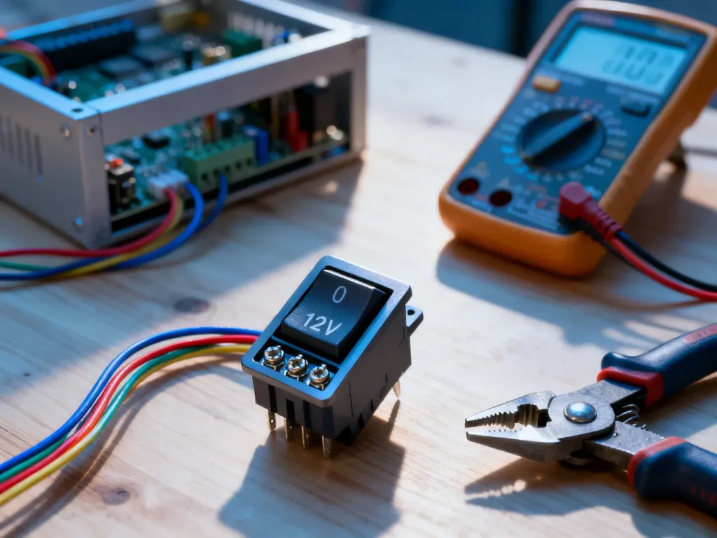Zbliżenie na włącznik 12V, kolorowe przewody i narzędzia na warsztacie, przygotowane do montażu instalacji elektrycznej.
