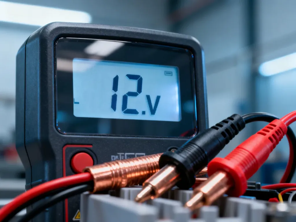 Multimetr cyfrowy wskazujący napięcie 12V obok profesjonalnych przewodów elektrycznych w nowoczesnym warsztacie.