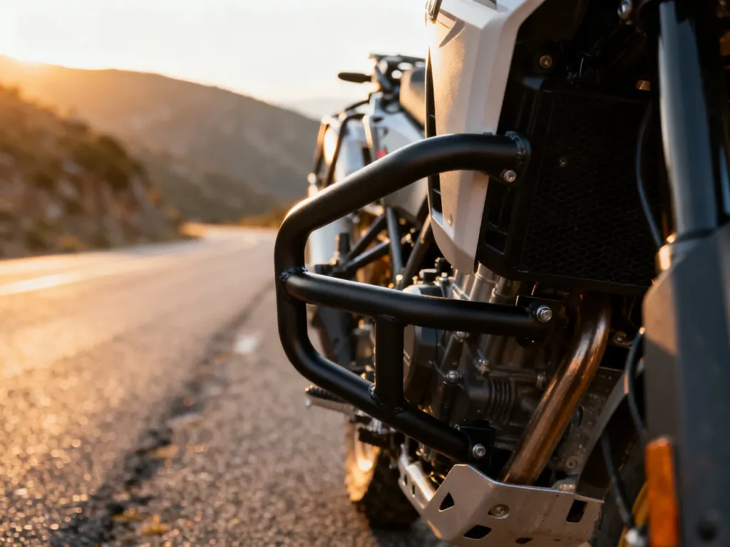 Czarny, stalowy gmol zamontowany na ramie motocykla typu adventure na tle górskiej drogi w świetle zachodzącego słońca.