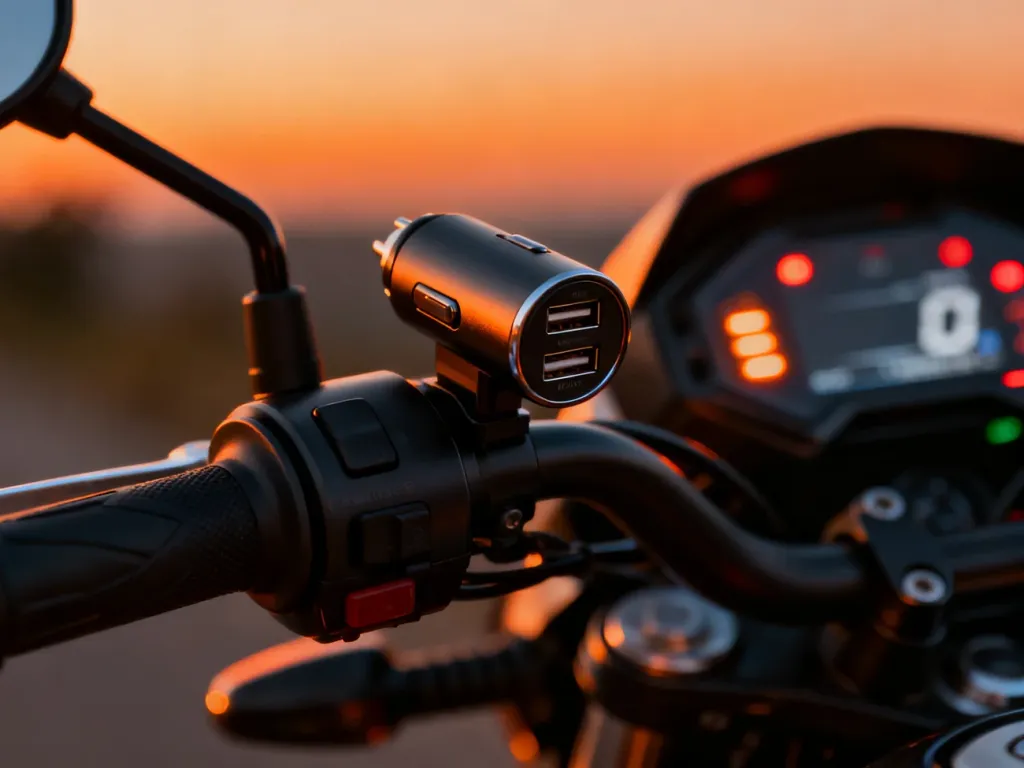 Wodoodporna ładowarka USB zamontowana na kierownicy motocykla, gotowa do użycia w warunkach drogowych.