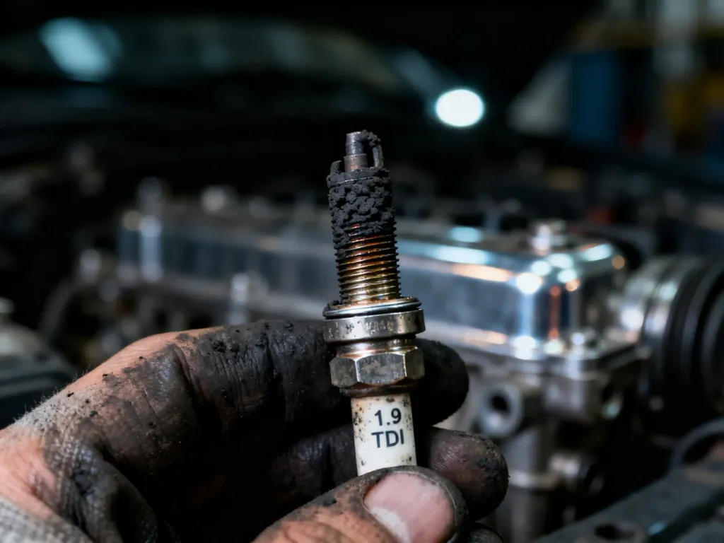 Dłoń mechanika trzymająca zużytą, pokrytą nagarem świecę żarową z silnika 1.9 TDI.