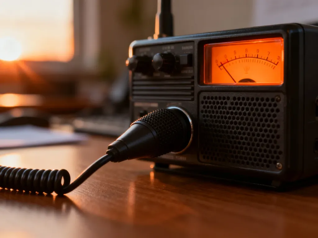 Klasyczne radio CB z mikrofonem na drewnianym biurku, oświetlone ciepłym światłem zachodzącego słońca.
