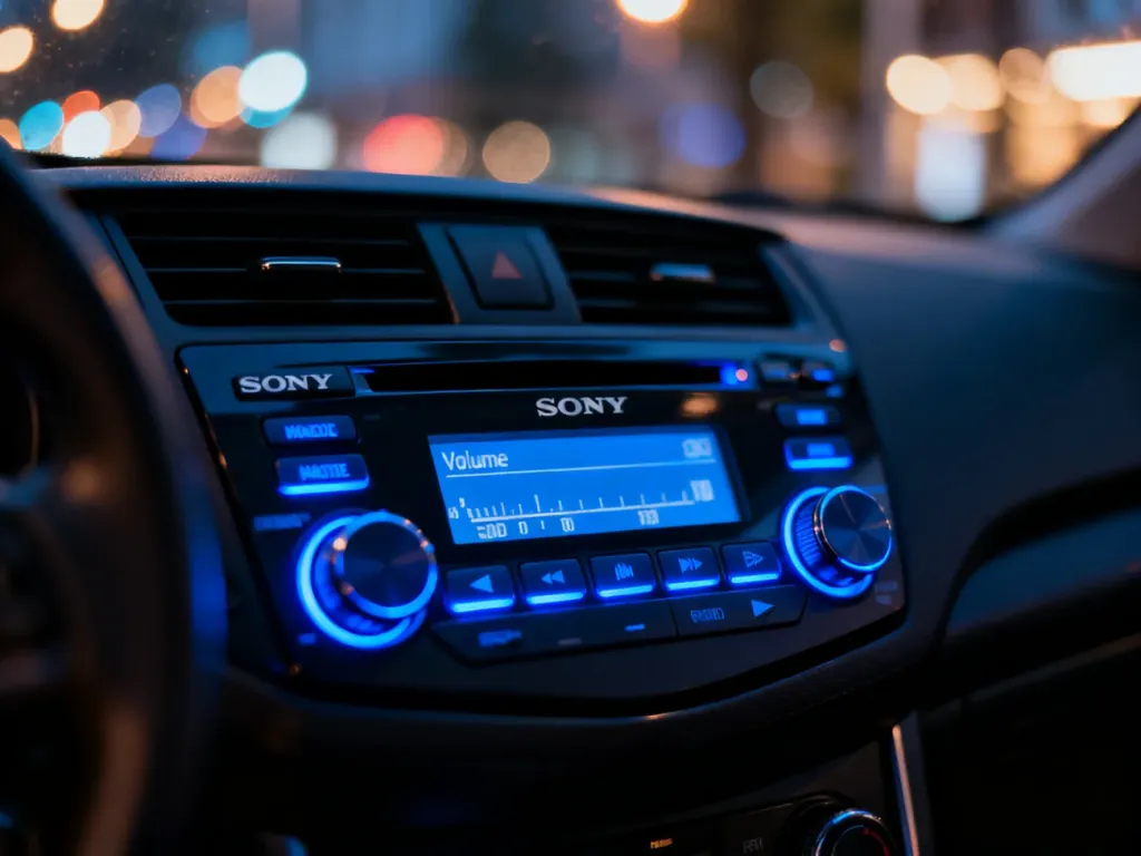 Podświetlony panel radia samochodowego Sony z widocznymi przyciskami i wyświetlaczem w wieczornej scenerii.