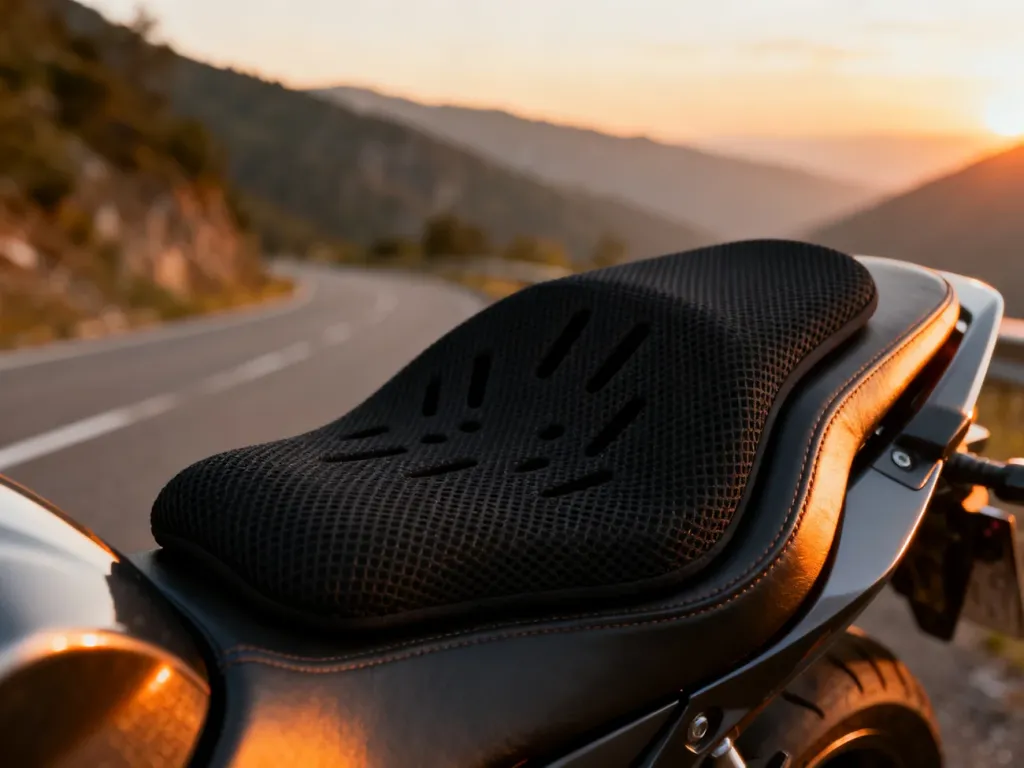 Ergonomiczna, czarna nakładka na siodełko motocyklowe z przewiewnej siateczki, poprawiająca komfort jazdy w trasie.