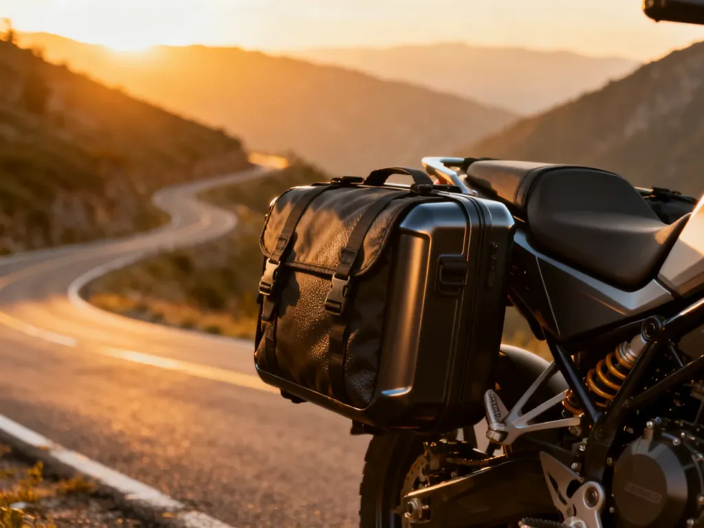 Porównanie miękkiej sakwy z tkaniny oraz twardego kufra bocznego zamontowanych na motocyklu na tle górskiej drogi.