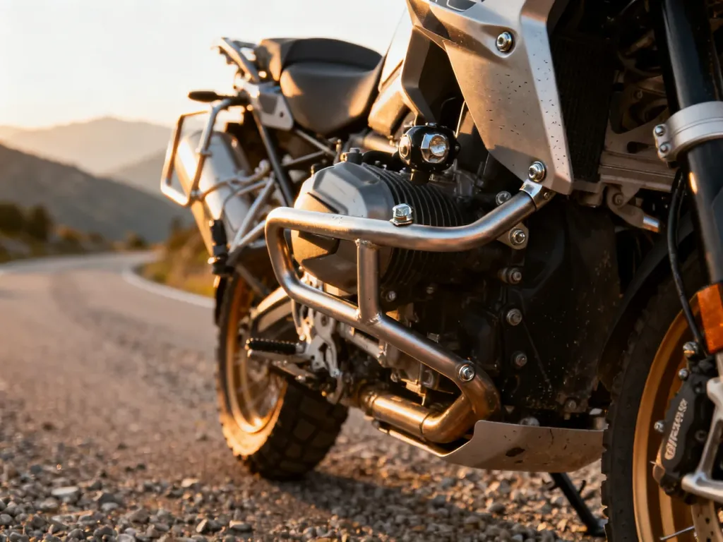 Solidna metalowa osłona silnika motocykla adventure z widocznymi śladami użytkowania na tle górskiej drogi.