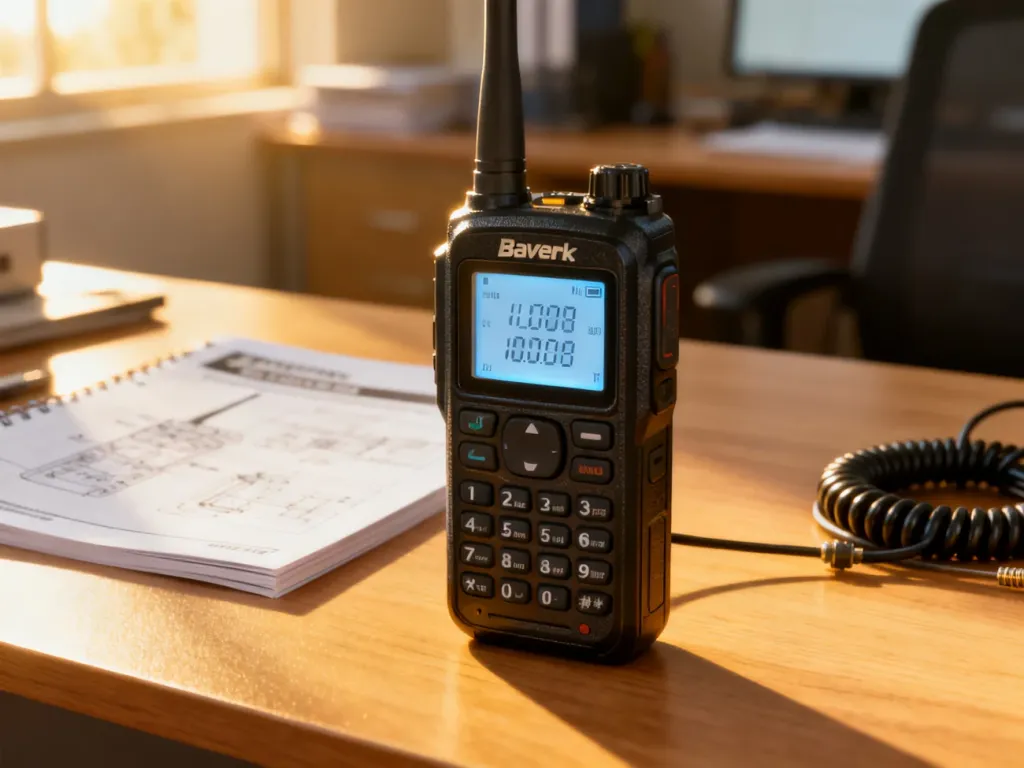 Radiotelefon Baofeng z podświetlanym ekranem na drewnianym biurku, gotowy do ustawienia częstotliwości.