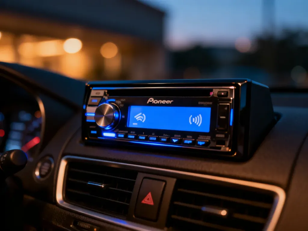 Nowoczesne radio samochodowe Pioneer z podświetlanym ekranem wewnątrz deski rozdzielczej auta.