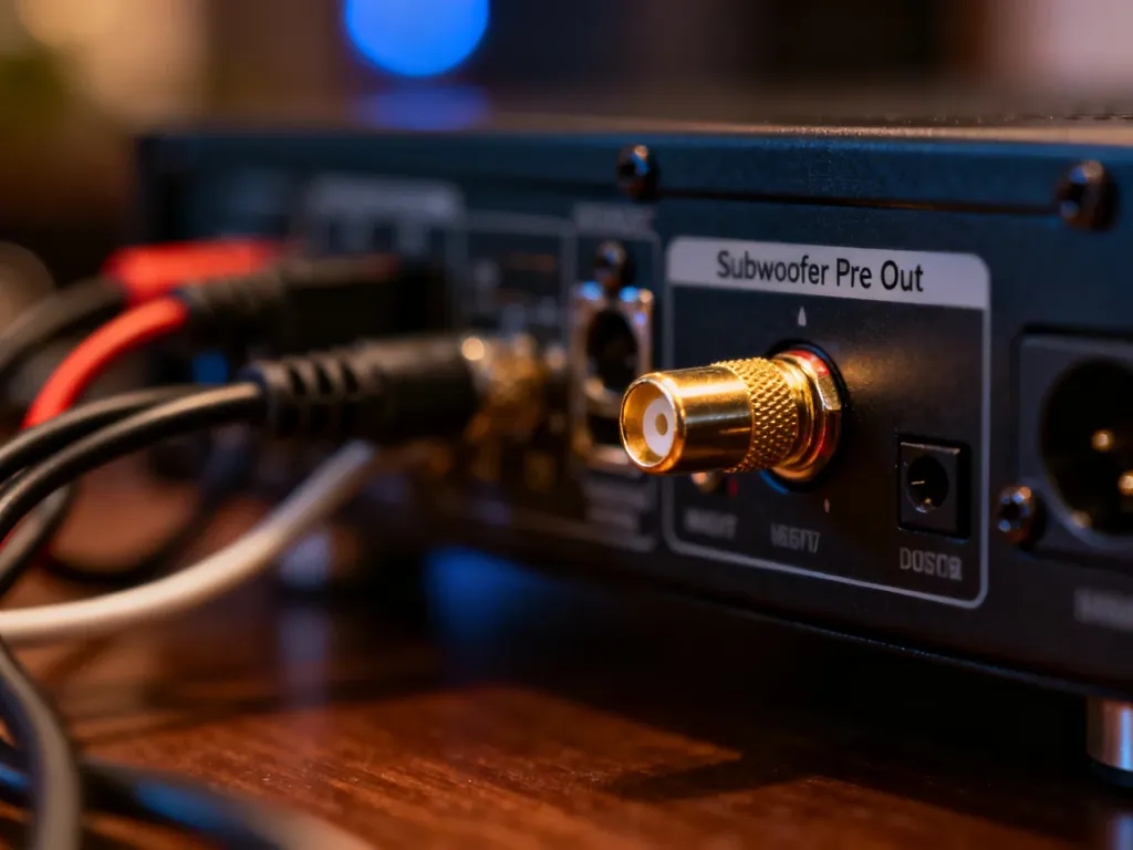 Złocone gniazdo RCA oznaczone jako „Subwoofer Pre Out” na tylnym panelu amplitunera audio.