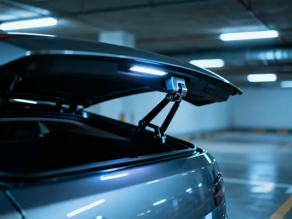 Automatycznie zamykana klapa bagażnika nowoczesnego samochodu w oświetlonym parkingu podziemnym.