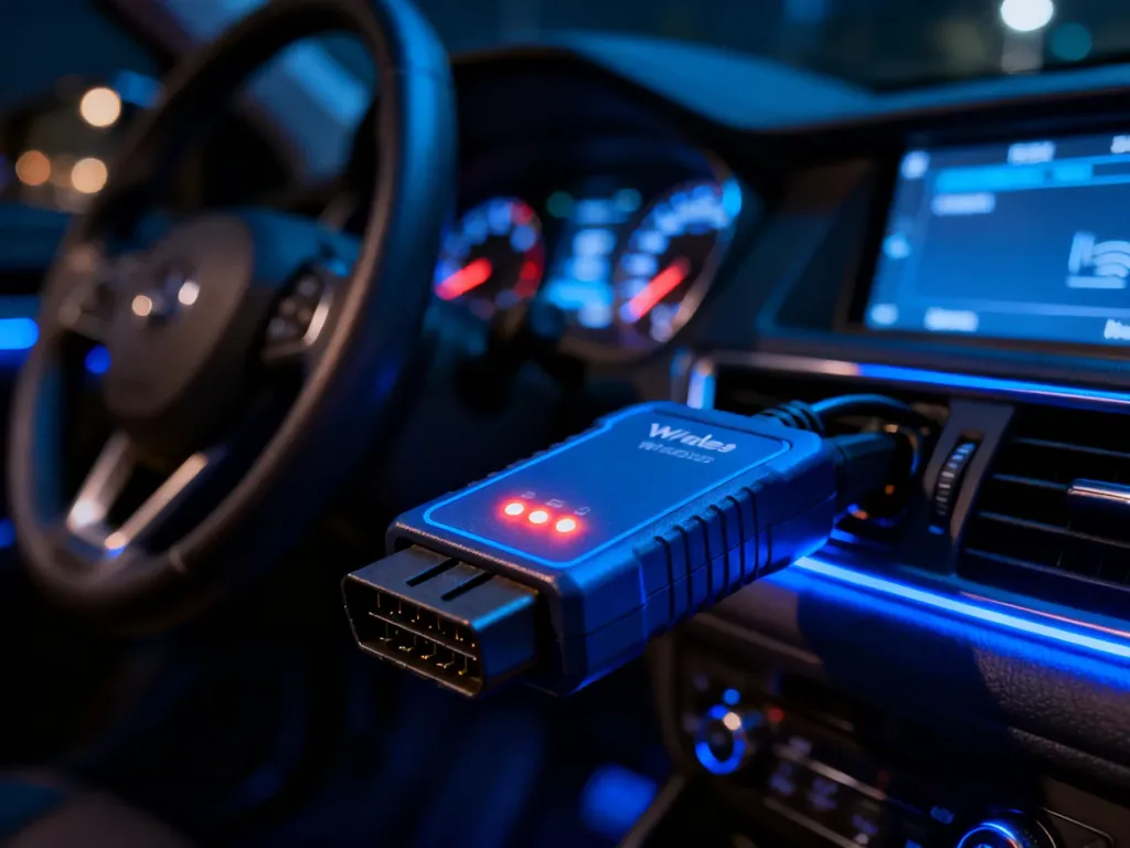 Nowoczesny skaner diagnostyczny OBD2 podłączony do portu w samochodzie, gotowy do bezprzewodowej diagnostyki pojazdu.