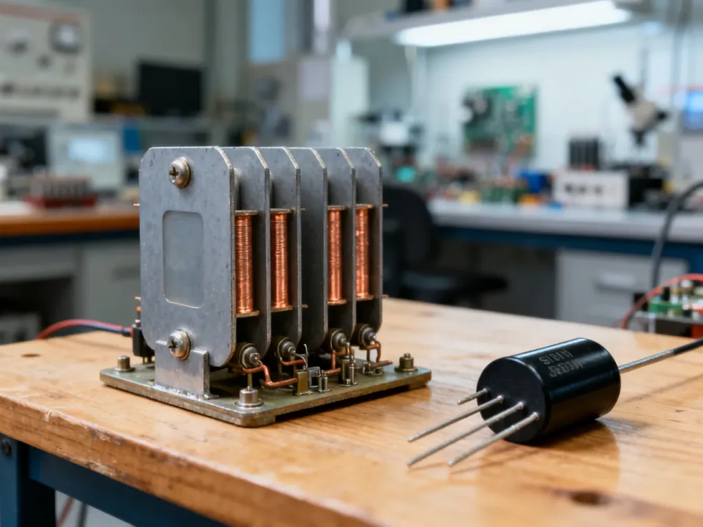 Zestawienie zabytkowego prostownika selenowego z nowoczesną diodą krzemową na warsztacie elektronicznym.