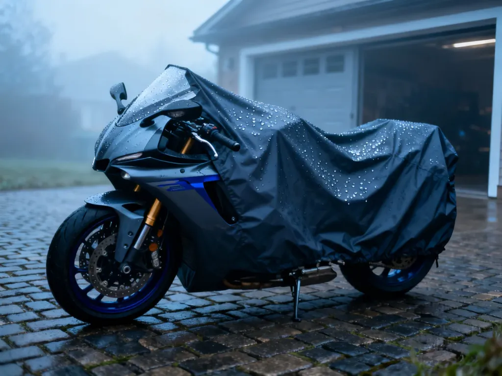 Nowoczesny motocykl zaparkowany na podjeździe, częściowo przykryty wodoodpornym pokrowcem ochronnym w mglisty poranek.
