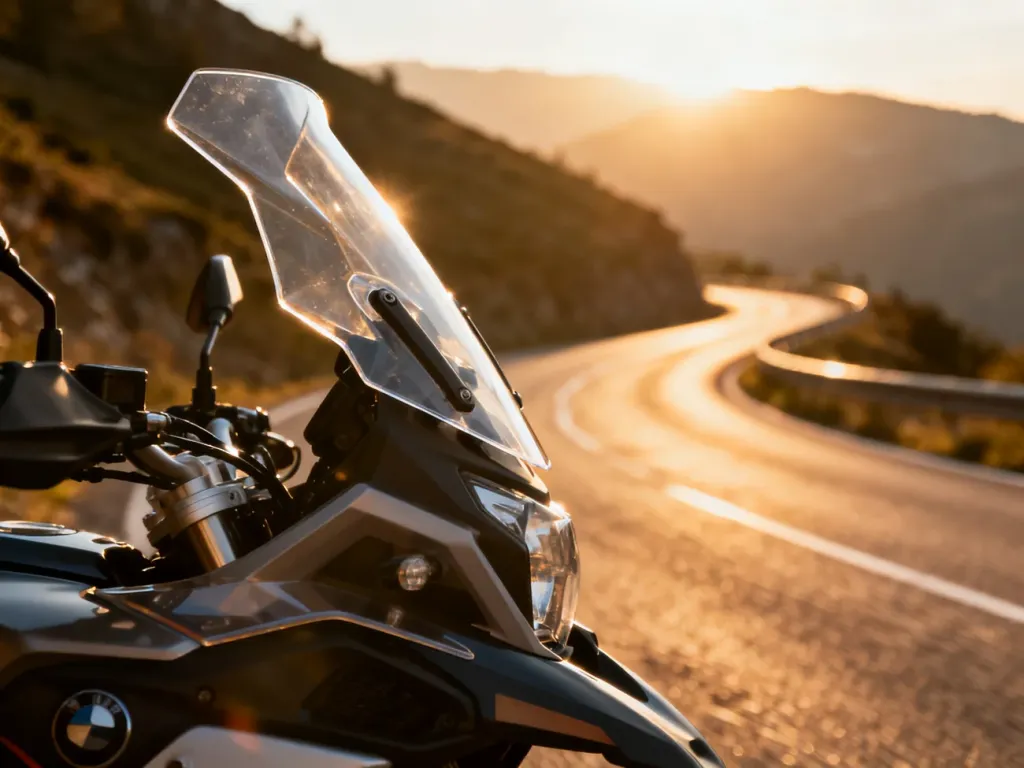 Przezroczyste deflektory boczne zamontowane przy szybie motocykla na tle malowniczej, górskiej drogi.
