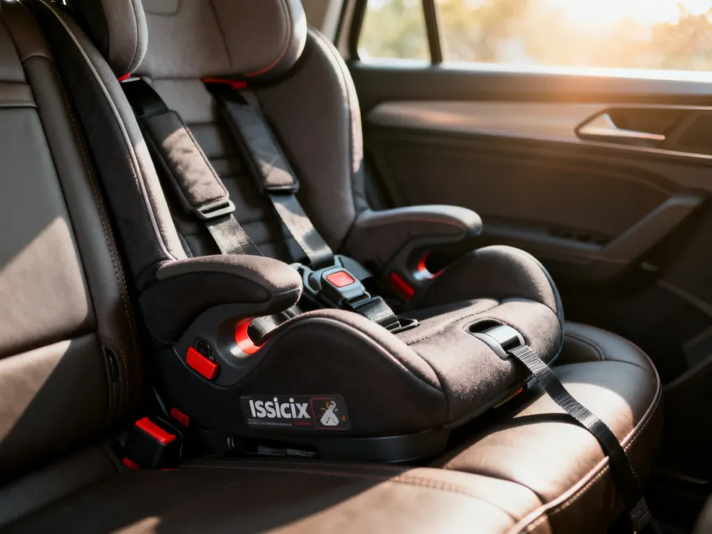 Fotelik samochodowy Britax Romer zamontowany na tylnej kanapie auta, z widocznym systemem mocowania ISOFIX i pasami.