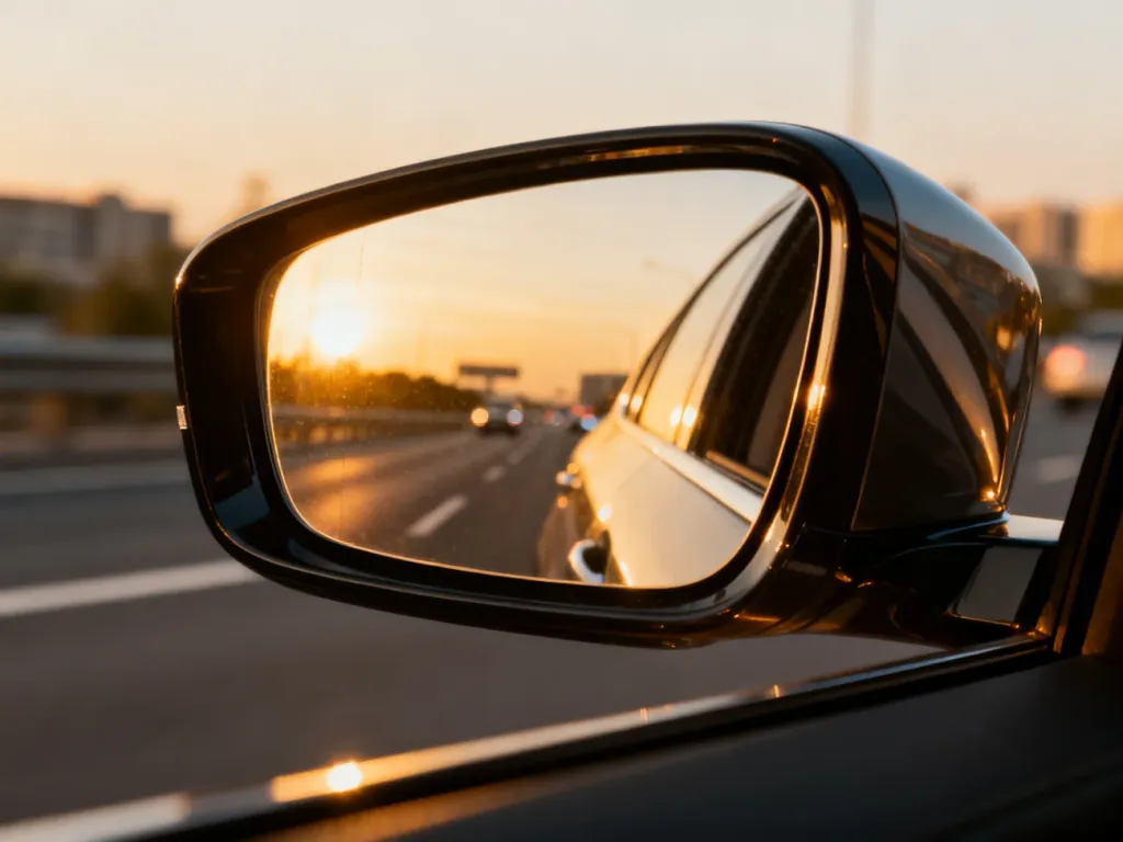 Zbliżenie na ustawione lusterko boczne samochodu, w którym odbija się autostrada w świetle zachodzącego słońca.