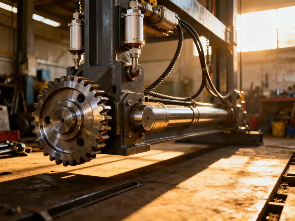 Zbliżenie na precyzyjny mechanizm hydrauliczny podnośnika warsztatowego z widocznymi stalowymi przekładniami i tłokami.