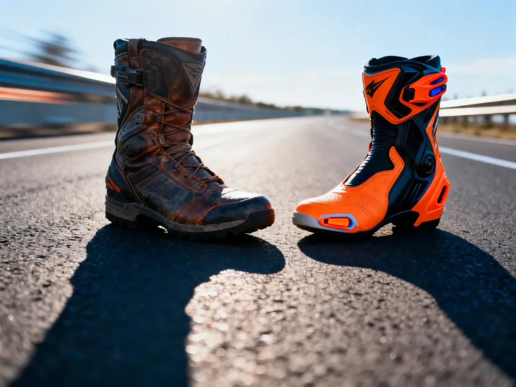 Porównanie turystycznego buta motocyklowego z wytrzymałej skóry oraz sportowego modelu z aerodynamicznymi sliderami.