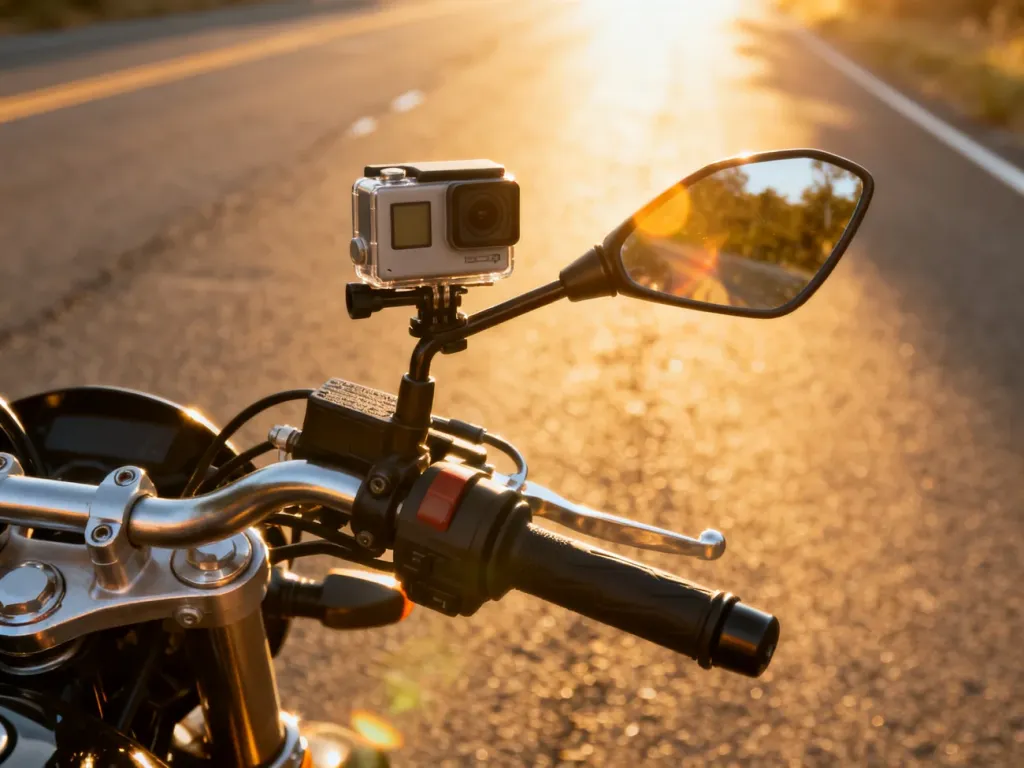 Kompaktowa kamera sportowa zamontowana na lusterku motocykla podczas słonecznej jazdy.
