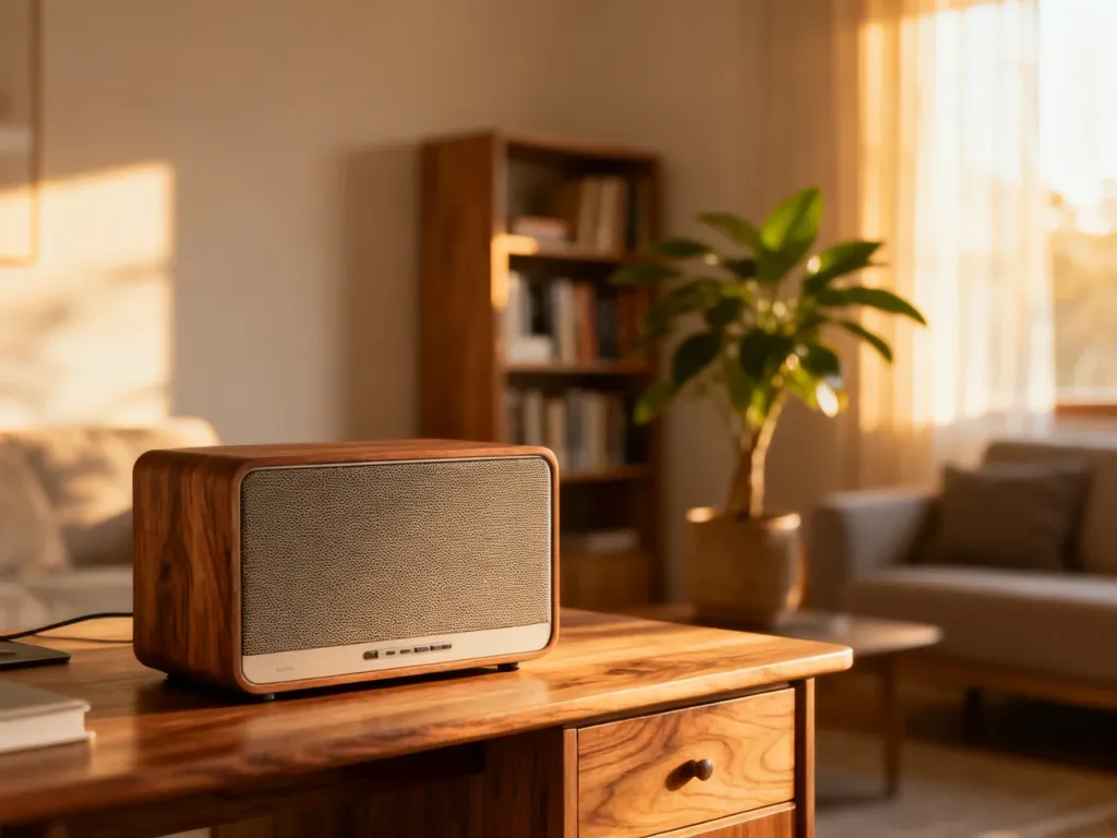Nowoczesne radio internetowe na drewnianym biurku w przytulnym, słonecznym salonie.