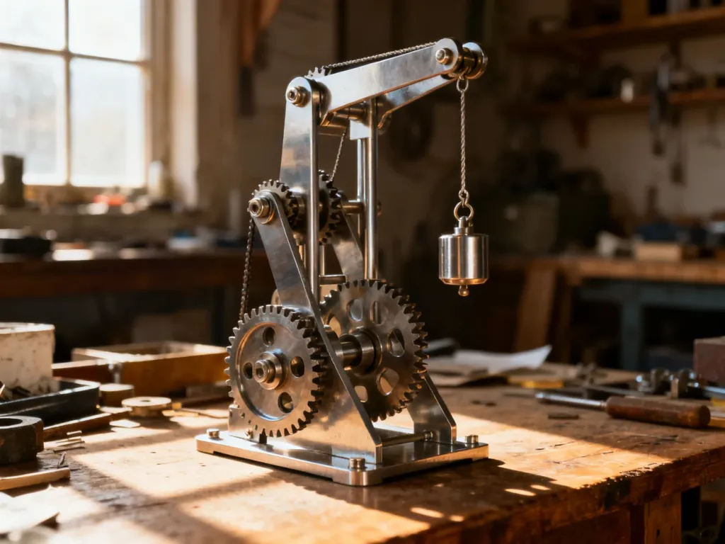 Zbliżenie na mechanizm podnośnika wahadłowego wykonany ze stali i kół zębatych na drewnianym stole warsztatowym.