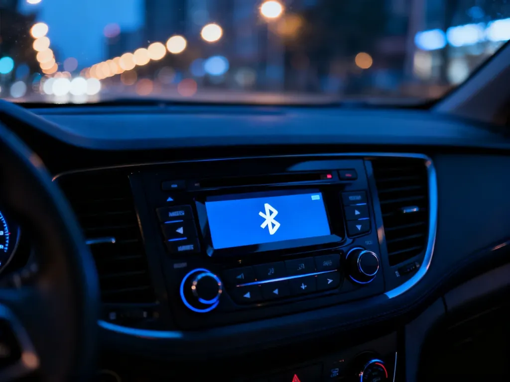 Wyświetlacz nowoczesnego radia samochodowego z ikoną połączenia Bluetooth wewnątrz ciemnego kokpitu.