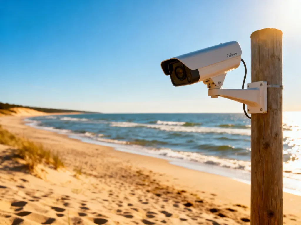 Kamera monitorująca na drewnianym słupie z widokiem na słoneczną plażę i Bałtyk w Pobierowie.